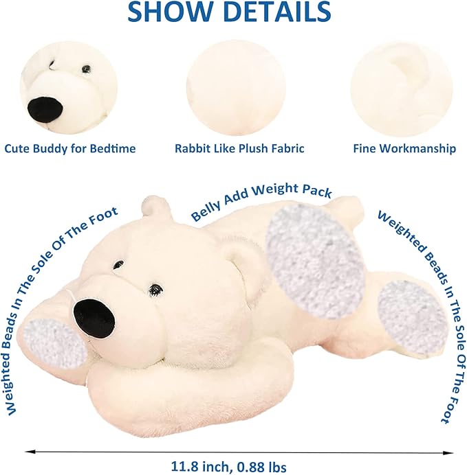 Weighted Stuffed Animals, Weighted Bear Stuffed Animal Toy Cute White Bear Plush Pillow Weighted Plush Animals Toy, 11.8"
