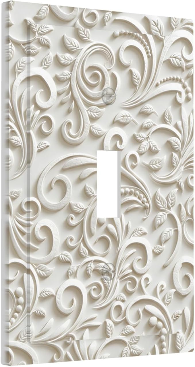 White Floral Vine 1-Gang Toggle Light Switch Plate, French Scroll Printed Pattern Decorative Wall Plate, Neutral Farmhouse Decor for Bedroom Bathroom Living Room