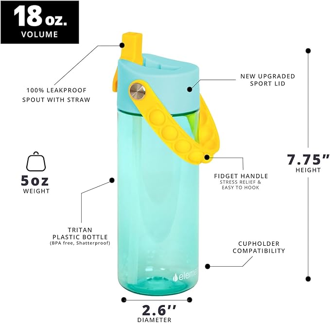 Elemental Leak Proof Water Bottles for Kids - Splash Kids Water Bottle for School with Pop-it Handle - Tritan Plastic Water Bottle with Straw - Little Princess & Robin's Egg - 18oz (2 Pack)