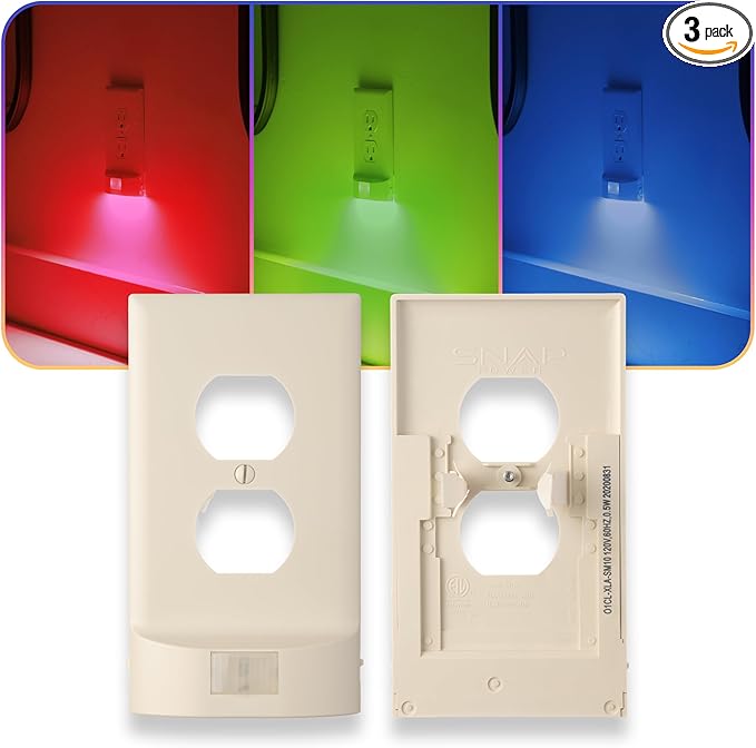 3 Pack - SnapPower Multi-Color GuideLight – Outlet Cover RGB Lights, Customizable Ambient Lighting/Mood Lighting for Home, Kitchen, Gaming Room, Kids Bedroom, Holiday Decor (Light Almond, Duplex)