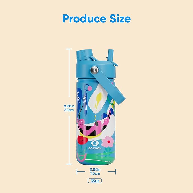 ENCOOL Kids Insualated Water Bottle with Straw,18oz Stainless Steel Water Bottle with Dual Spouts, Leak-Proof,BPA-Free,Double Wall Vacuum Keeps Cold for 24 Hours for Sports,Travel,School (Flower Cat)