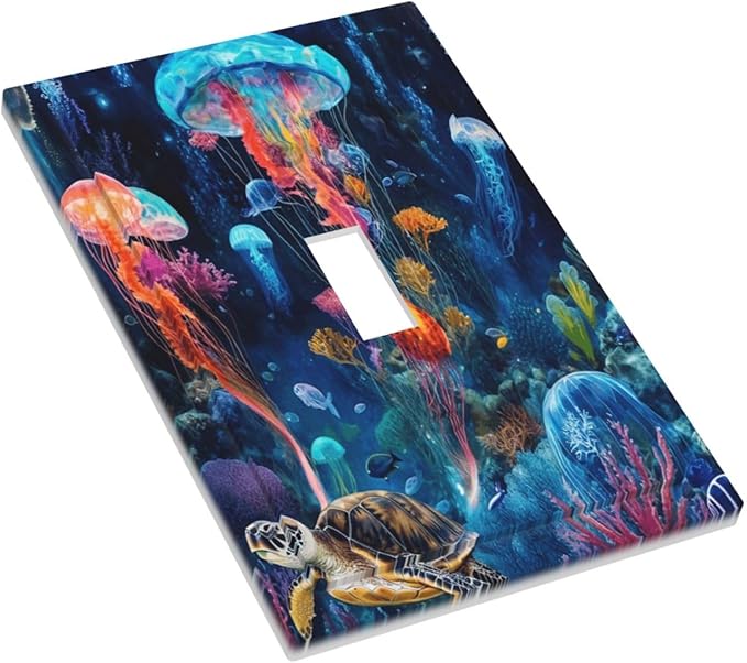 Jellyfish Sea Turtle Fantasy Ocean Coral Underwater World Decorative Light Switch Cover 1 Gang Single Toggle Device Electrical Faceplate Switchplates Decorator Outlet Wall Plate for Nursery Kids Room