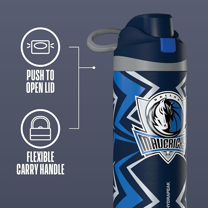 Hydrapeak x NBA Officially Licensed Dallas Mavericks Oasis 20 oz Insulated Kids Water Bottle, Stainless Steel Water Bottle Kids with Chug Lid, Push Button
