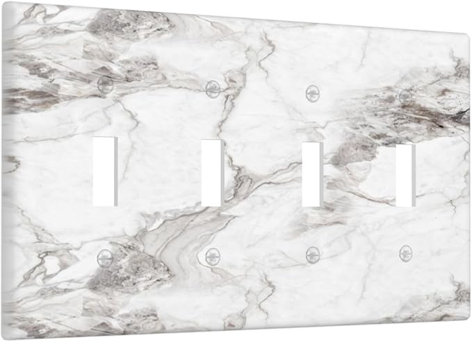 White And Gray Marble Patterns Texture Abstract Print Light Switch Covers Quad Toggle Electrical Faceplate 4 Gang Wall Plate Decorative Switch Plates Cover for Bathroom Kitchen Decor