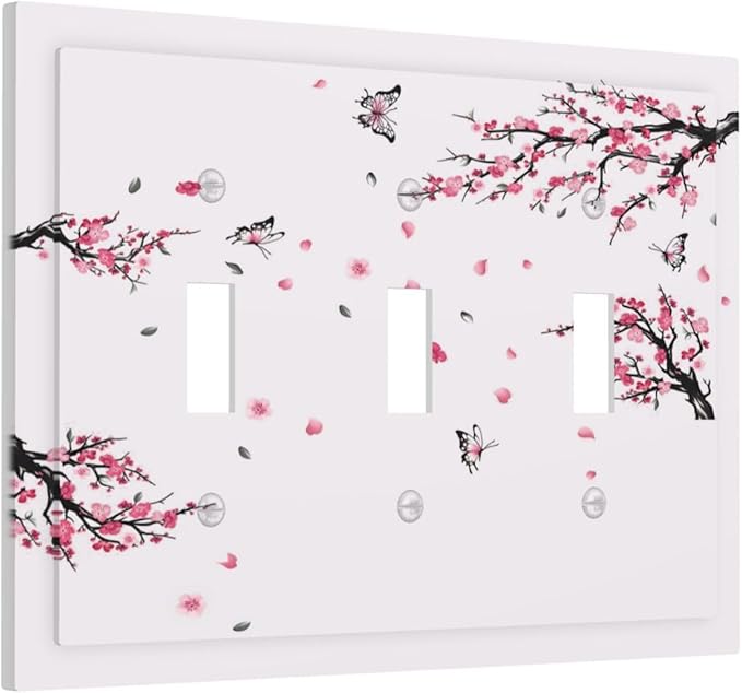 Pink Watercolor Cherry Blossom Flowe Tree Branch Floral Decorative Switch Plates 3 Gang Wall Plate Triple Toggle Light Switch Cover Faceplate Electrical Wall Panels for Bedroom Living Room Decor