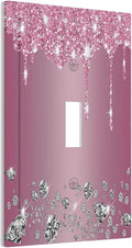 Sparkling Diamonds Pink Silver Glitter Drops Print 1 Gang Light Switch Covers Decorative Unique Single Toggle Wall Plate Switchcover Electrical Switchplate for Kitchen Bathroom Bedroom Decor