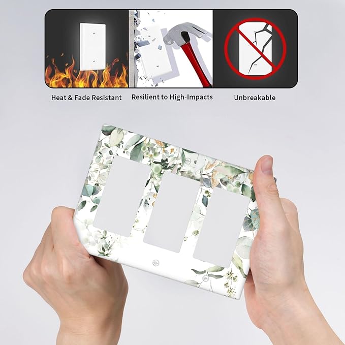 Green Leaves Watercolor Triple Gang Rocker Decorative Light Switch Cover, 3-Gang Wall Plate Outlet Cover