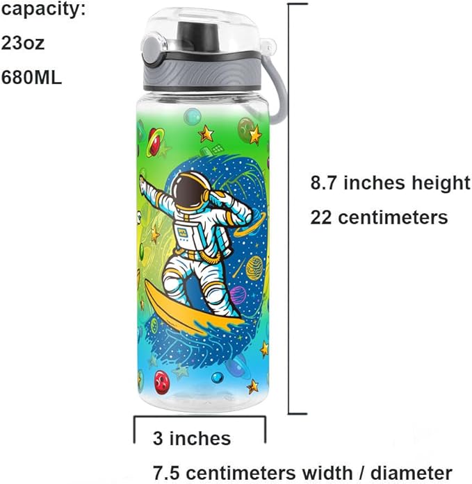 Home Tune Cute Water Bottle for School Kids Girls, BPA FREE Tritan & Leak Proof & Easy Clean & Carry Handle, 23oz/ 680ml - Space Man