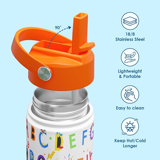 Kid Water Bottle 12oz with Straw Lid - 2-Pack Insulated Stainless Steel Water Bottles for Kids Girls Boys - Travel Cup for Back to School Sports Christmas Birthday (Alphabet & School Bus)