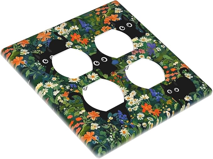 Funny Cute Animal Black Pet Cat Paw 2-Gang Device Duplex Wall Plate, Kid Boy Kitten Green Floral Daisy Flower Decorative Two Gang Double Duplex Receptacle Socket Outlet and Light Switch Cover Plate