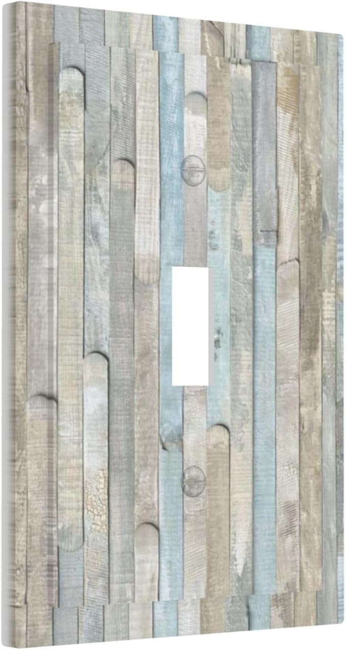 Rustic Vintage Country Farmhouse Kitchen Teal White Gray Blue Grey Wooden Wood Plank 1 Gang Electrical Single Toggle Device Switch Wall Plate Jumbo Size Decorative Outlet Light Switch Face Plate Cover