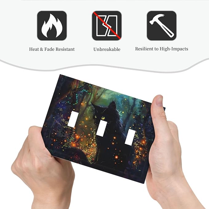 Light Switch Cover Plate Magic Fantasy Forest Mysterious Black Cat 3 Gang Triple Toggle Decorative Switch Plates Wall Plates Electrical Switchplate Faceplate for Kid Room Bathroom Decor