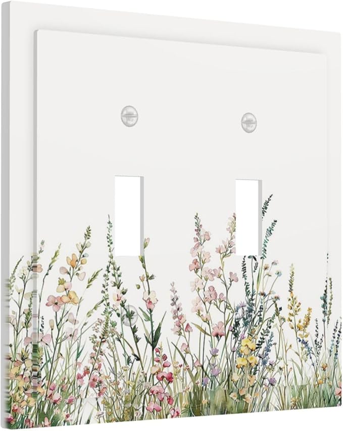 Decorative Switch Plates Boho Wildflower Green Leaves Rustic Floral Botanical 2 Gang Double Toggle Wall Plate Outlet Light Switch Cover Electrical Faceplate for Bedroom living Room Decor