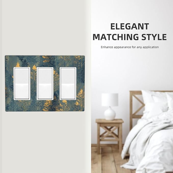 Decorative Light Switch Plate with Golden Trees & Abstract Gradient Forest Landscape Design 3 Gang Outlet Covers Triple Rocker Wall Plate Switch Plate Cover for Blue Retro Home Decor