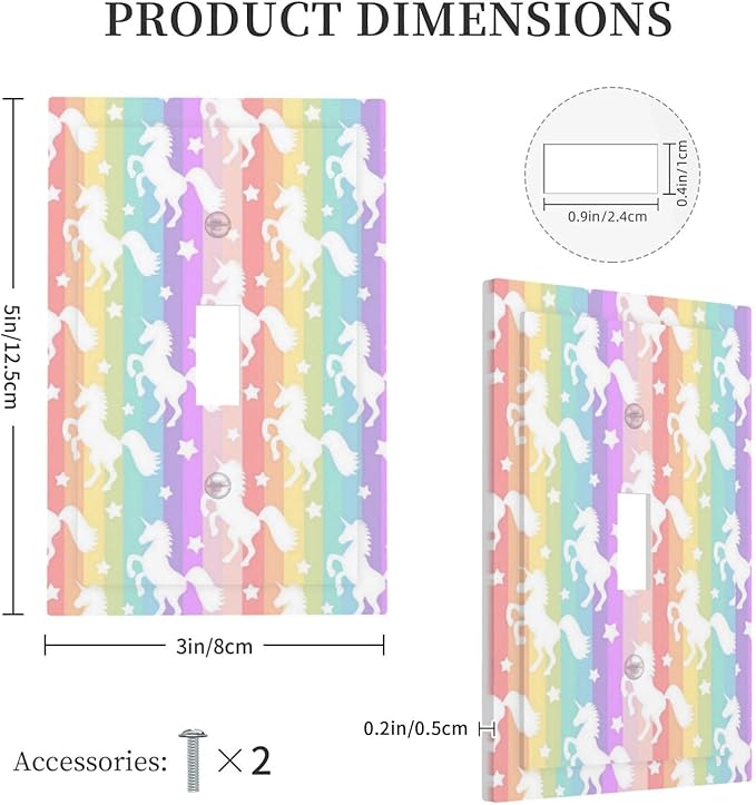Funny Cute Colorful Girly Rainbow Stripes Unicorn Animal Kid Girls Room Theme 1-Gang Outlet Light Switch Plate Cover Decorative Single Toggle Face Wall Plate Electrical Receptacle Cover Jumbo Size