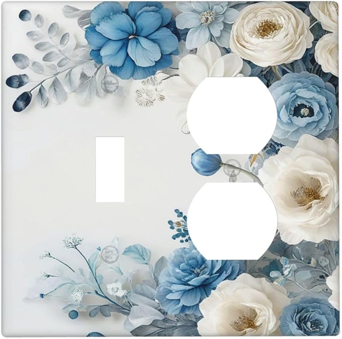 Decorative Outlet Covers Blue Rose White Flowers Rustic Floral 2 Gang Wall Plate Cover Single Toggle Duplex Combo Two Switch Light Switch Cover Plate Dual Electrical Face Plate