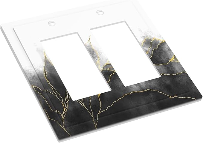 Decorative Outlet Covers Black And Gold Marble White Golden Leaves 2 Gang Double GFCI Rocker Electrical Wall Panels Light Switch Cover Plate for Bedroom living Room Decor