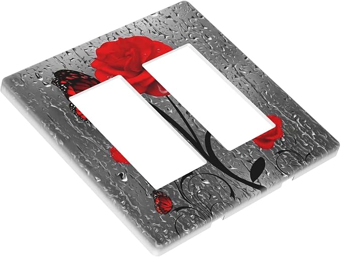 Butterfly Red Rose Flower 2 Gang Double Rocker/Decor Light Switch Cover Decorative Outlet Wall Plate Electrical Faceplate Home Bedroom Art Panel Decor Screwless 4.7" x 4.6