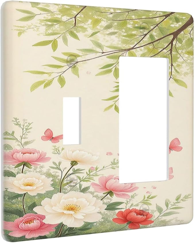 Outlet Covers Garden Flowers Green Leaves And Butterflies 1 Toggle 1 Rocker Combination Decorative Wall Plate Light Switch Cover Plate Electrical Switch Plates for Bedroom Cabin Decor