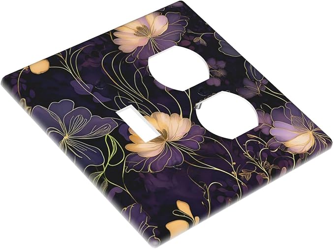 Modern Boho Vintage Gold Purple Dark Floral Modern Abstract Flowers Wallplates 1 Toggle 1 Duplex Electrical Gfci Faceplate Decorative Light Switch Covers Switch Plate for Bedroom Living Room Decor