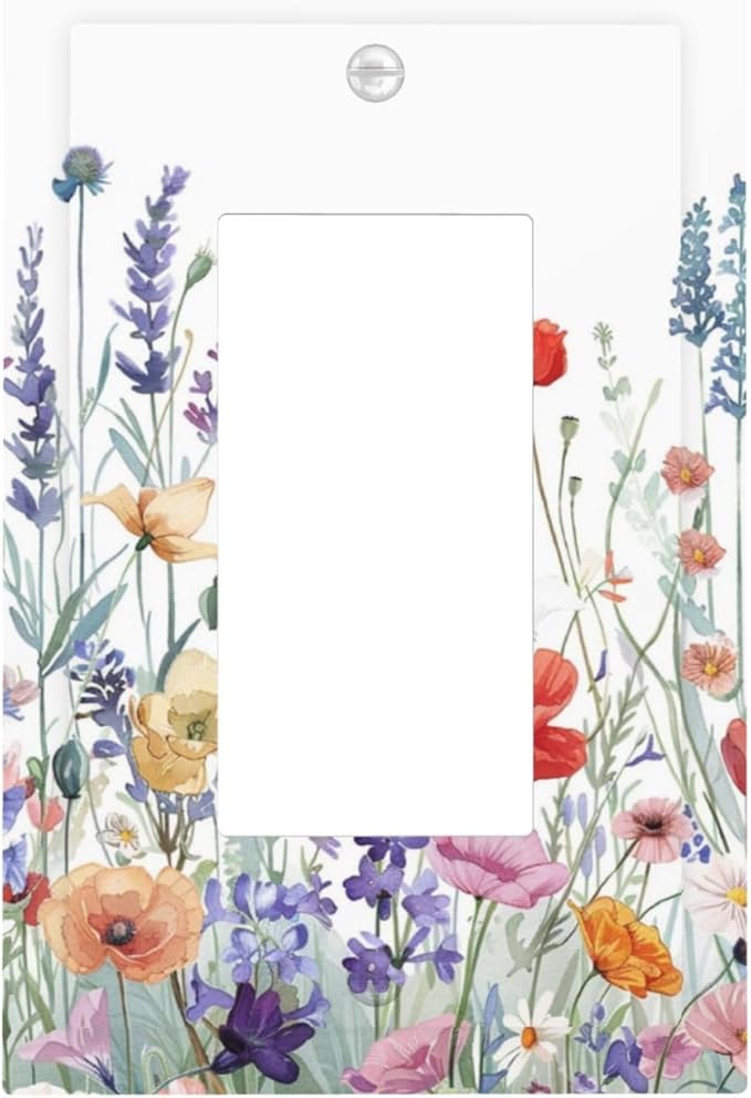 Colorful Floral Purple Lavender Flower Leaves Plants Decorative Outlet Covers 1 Gang Single Rocker Light Switch Cover Plate Wall Plates GFCI Faceplate for Bed Room Living Room Decor