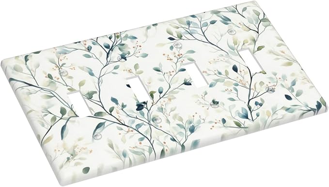 Watercolor Floral Green Leaves Quad Toggle Light Switch Cover Green Botanical Flowers 4 Gang Wall Plate Decorative Electrical Switchplates Covers for Bedroom Kitchen Living Room Decor