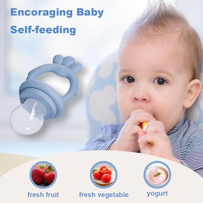 Baby Food Fruit Feeder with Freezer Tray Breastmilk Popsicle Molds Silicone Fruit Feeder for Self Feeding Teething Relief Toys (Blue)