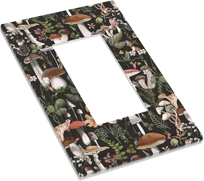 Mid Century Black Boho Mushroom Floral 1-Gang Decorator Rocker Outlet Light Switch Cover Plant Leaf Fungus Forest Botanical Decorative Single Device GFCI Receptacle Switch Wall Plate Dimmer Mid Size