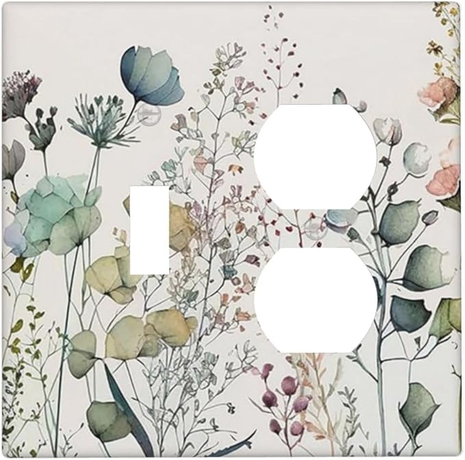 Tan/Beige/Blue Flower Boho Floral Combination 1-Toggle 1-Duplex Receptacle 2 Gang Wall Plate, Rustic Spring WildFlower Blossom 2 Gang Combo Single Toggle/Light Switch One Duplex Outlet Faceplate Cover