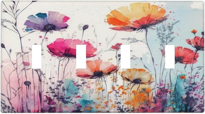 Light Switch Cover Plate Abstract Floral watercolor flowers 4 Gang Switch Plate Quad Toggle Wall Plates Wildflower Decorative Switchplate Electrical Outlet Cover Plates for Home Decor