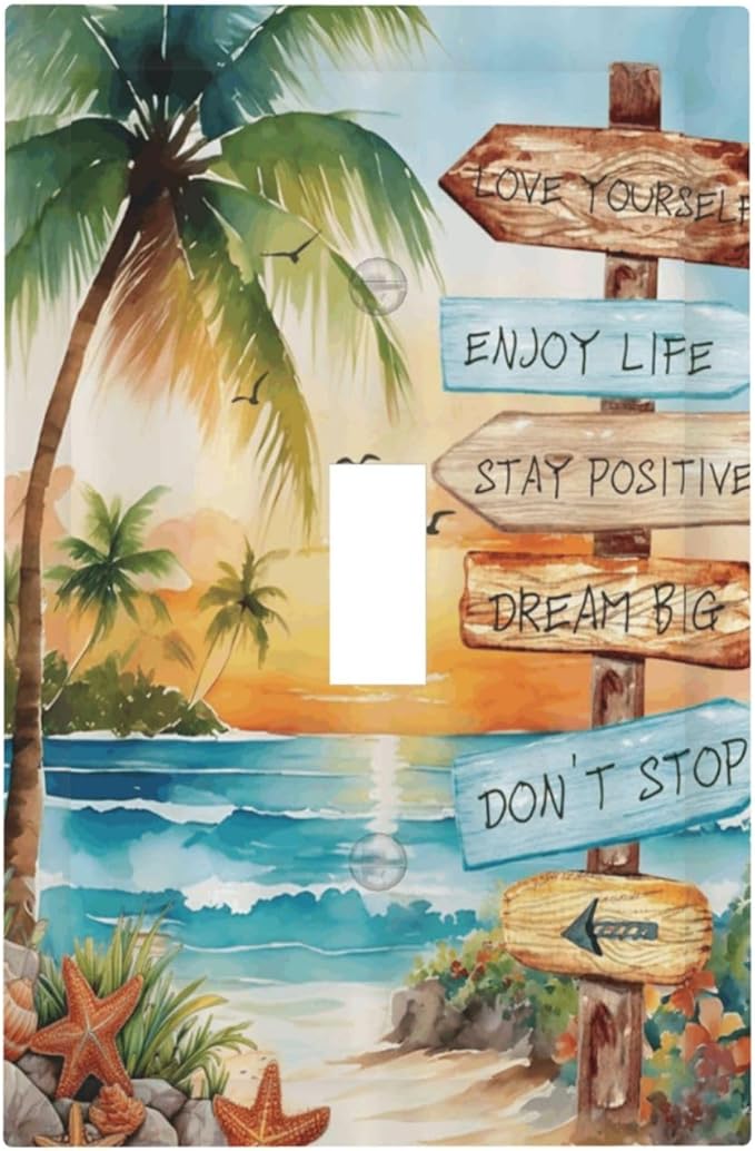 Tropical Beach Palm Tree Summer Coastal Ocean Sunset Decorative Light Switch Cover 1 Gang Single Toggle Device Electrical Faceplate Switchplates Decorator Outlet Wall Plate for Bedroom Living Room