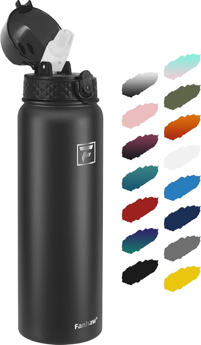 Fanhaw 32 oz Insulated Stainless Steel Water Bottle with Straw Lid, Leakproof Sports Bottle for Men, Women & Teens (Black)