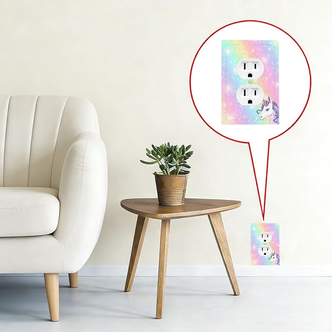 Rainbow Unicorn Duplex Wall Plate - 1-Gang Standard US Size Pastel Galaxy Sparkle Outlet Covers, Magical Fantasy for Kids Bedroom