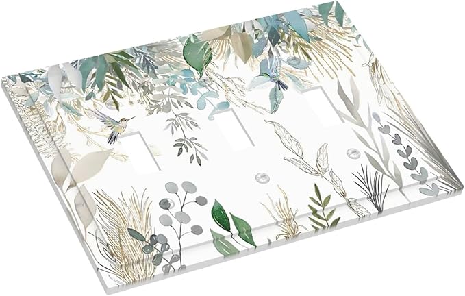 Green Tropical Palm Leaves Flower Plants Hummingbird Decorative Switch Plates 3 Gang Wall Plate Triple Toggle Light Switch Cover Faceplate Electrical Wall Panels for Bed Room Living Room Decor