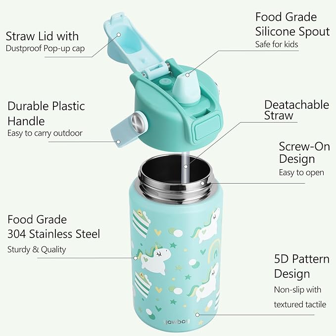 Kids Water Bottle for School 12 oz,Insulated Stainless Steel Water Bottle for Kids,Water Bottles for Toddler Girls Boys with Pop-Up Straw-Cap(Unicorn)