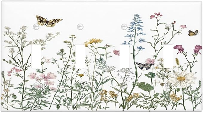 Light Switch Covers Rustic Wildflowers Butterfly Colorful Floral Quad Toggle Electrical Faceplate 4 Gang Wall Plate Decorative Switch Plates For Bed Room Living Room Decor
