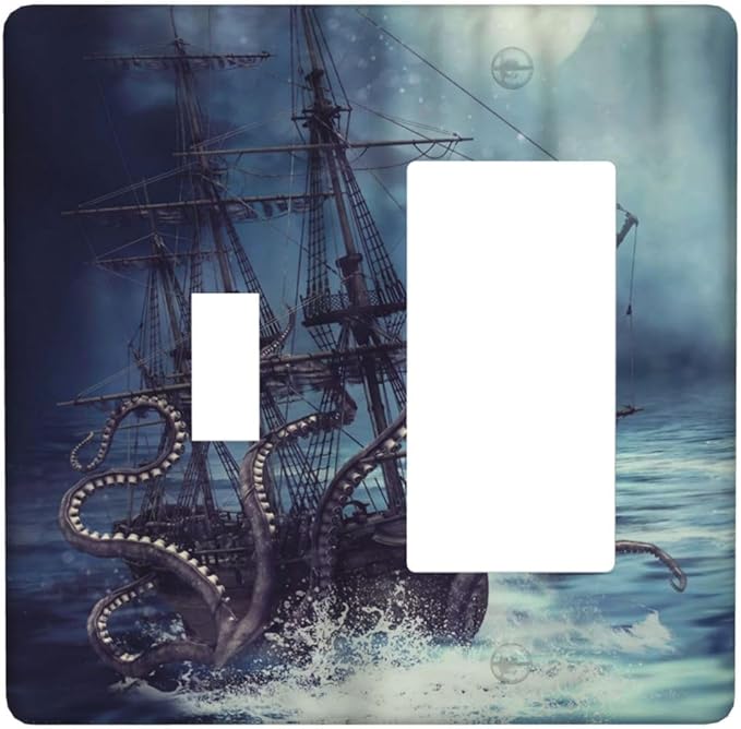 Octopus Ocean Kraken Nautical Pirate Ship 2 Gang Single Toggle Rocker Combination Light Switch Cover Unique Decorative Wall Plate Cover Electrical Faceplate Switchplate for Kitchen Bathroom Decor