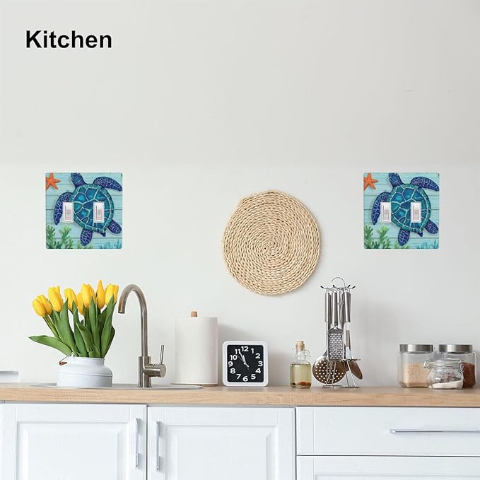 Sea Turtle Starfish 2-Gang Double Toggle Switch Plate, Ocean Marine Wall Plate for Beach House, Bathroom & Coastal Home