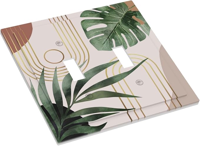 Vintage Abstract Retro Minimalist Aesthetic Art Mid Century Boho Sun Bohemian Palm Leaf Decorative 2-Gang Double Toggle Outlet Light Switch Wall Plate Electrical Receptacle Faceplate Cover Jumbo Size