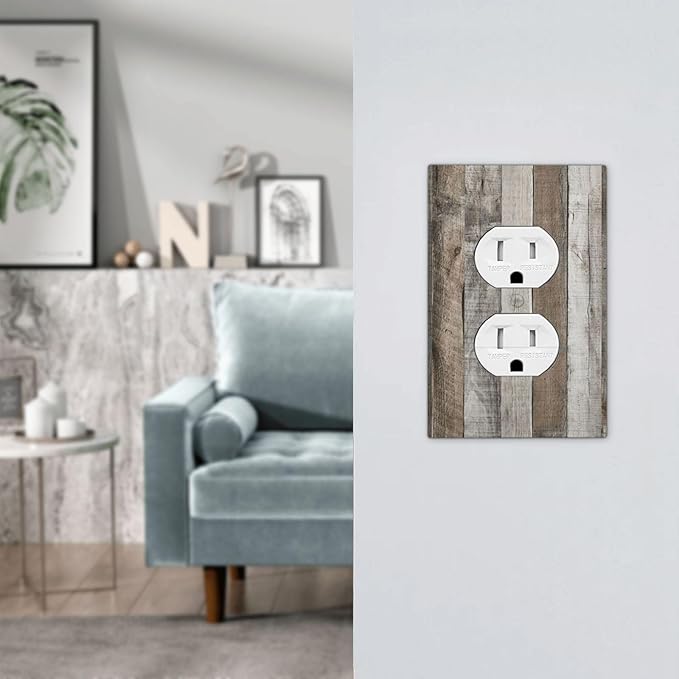 Natural Grey Wood Vintage Faux Wood Grain Outlet Covers 1 Gang Duplex Light Switch Cover Decorative Switch Plates Electrical Receptacle Faceplate Wall Plate for Farmhouse Home Decor