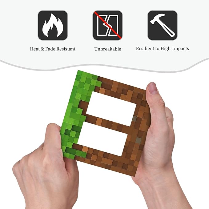 Pixel Style Gamer Themed Grass Block Decorative Outlet Covers 2 Gang Double GFCI Rocker Electrical Wall Panels Light Switch Cover Plate for Kids Room Office Home Decor