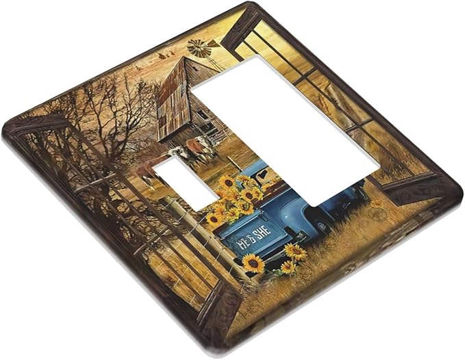 Fall Western Farmhouse Cow 2 Gang Single Toggle Rocker Combination Light Switch Cover Barn door Blue Truck Decorative Wall Plate Cover Electrical Faceplate for Bathroom Bedroom Home Kitchen Decorate