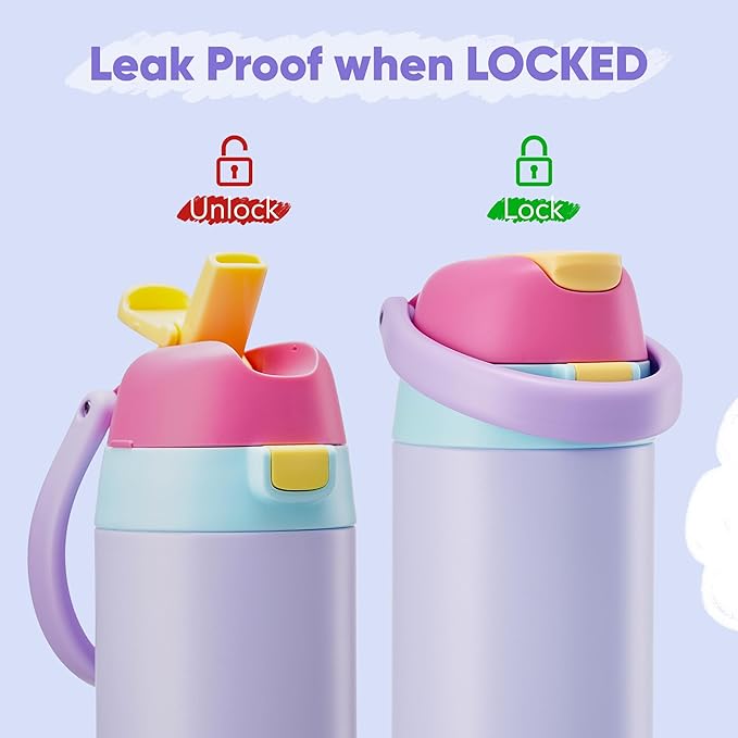 12 oz Water Bottle Insulated, 304 Stainless Steel Insulated Kids Water Bottle with Straw, 2-in-1 Lid Toddler Cups for School Boys Girls, BPA-Free, Leak-Proof, Great for Sport, Travel, Gift, Rainbow