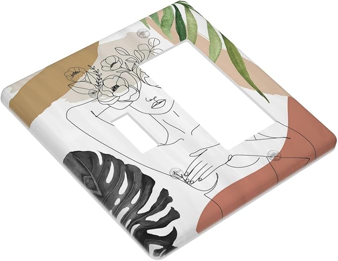 Mid Century Abstract Women Lady Boho Palm Leaf 2 Gang Single Toggle Rocker Combination Light Switch Cover Unique Decorative Wall Plate Cover Electrical Faceplate Switchplate for Livingroom Decor