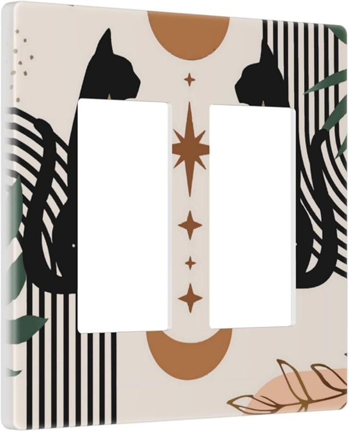 Mystic Funny Abstract Boho Mid Century Black Cute Cat Moon Phase 2 Gang Screwless Double Decorator/GFCI Wall Plate Rocker Outlet Light Switch Decorative Two Dual Device Receptacle Face Plate Cover
