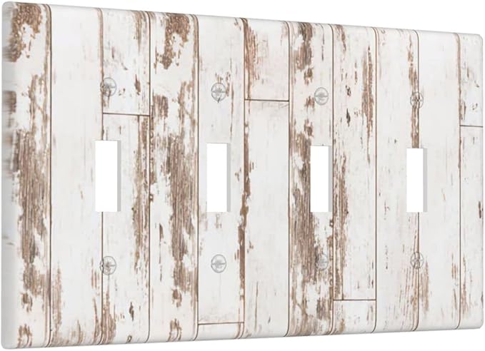 White Grey Wood 4 Gang Light Switch Cover Decorative Quad Toggle Wall Plate Decorative Electrical Faceplate for Kitchen Home Barn Farmhouse Decorate Large 8" x 4.5