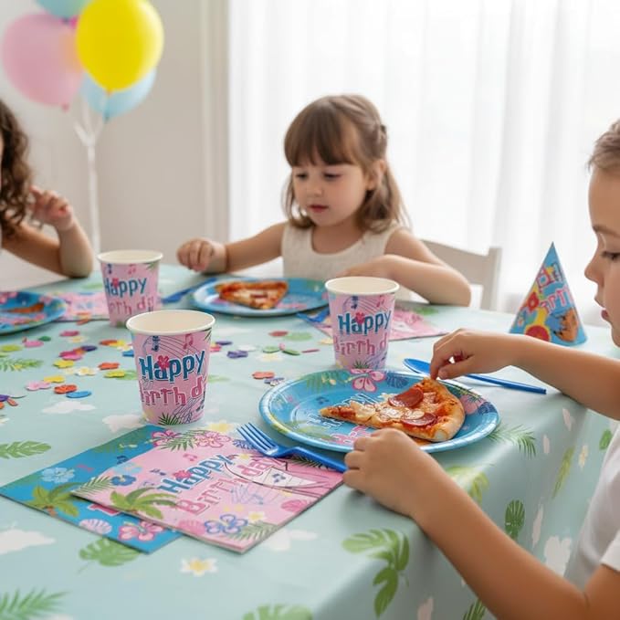 Cute Blue-Pink Cartoon Themed Party Supplies for kids Birthday Party Decorations Disposable Tableware Set With Plates,Cups, Napkins,Knives,Forks,Spoons,Perfect for 24 Guests