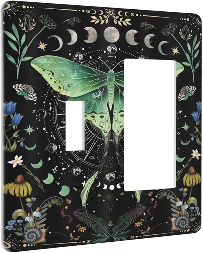 Moon Phase Butterfly Wildflower Plant Mysterious Night Moonlit Outlet Covers 1 Toggle 1 Rocker Combination Decorative Wall Plate Electrical Switch Plates Light Switch Cover Plate for Bedroom