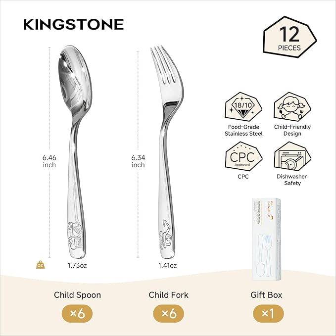 KINGSTONE Kids Utensils Set, 12 Pieces 18/10 Stainless Steel Kids Silverware - 6 Forks & 6 Spoons, Food-Grade, Construction, Digger & Dump Truck Engraved, Dishwasher Safe for Families/Schools