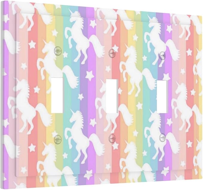 Colorful Cartoon Stars Girly Pink Purple Rainbow Unicorn Theme 3 Gang Triple Toggle Decorator Outlet Light Switch Cover Fantasy Girl Kid Play Bedroom Decorative Switch Face Wall Plates